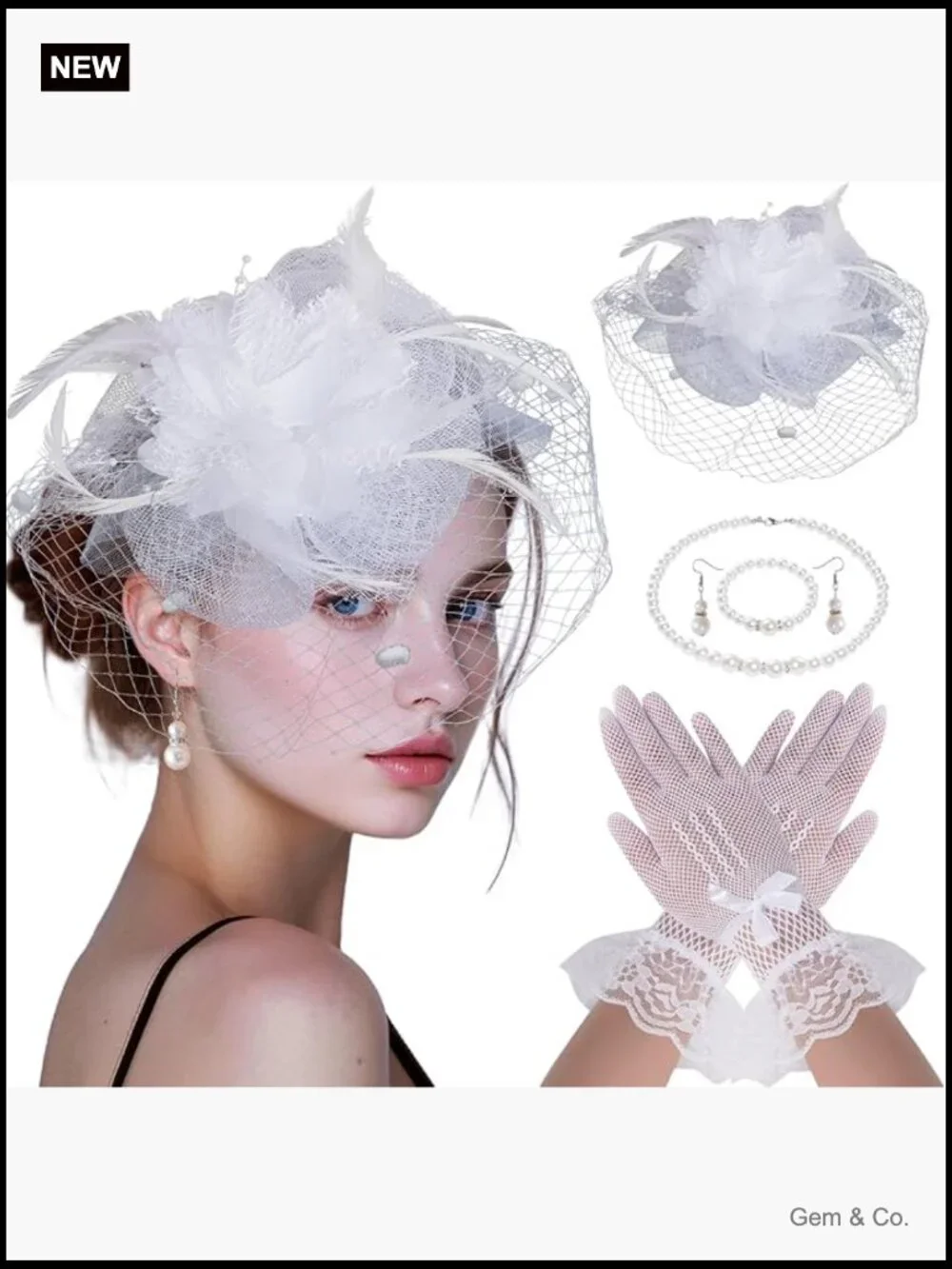 Tea Party Hat and Gloves Set - Fascinator with Pearl Jewelry - Picture 1 of 6